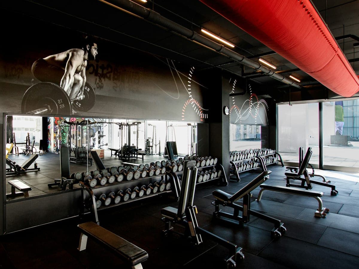 Sala de academia com fileiras de equipamentos de exercício