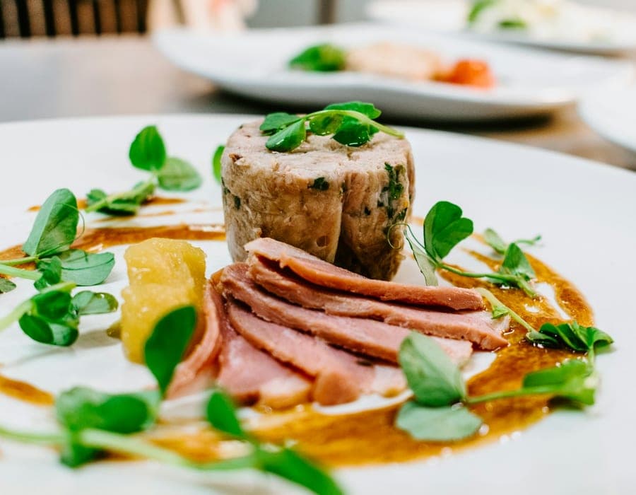 Fatias de carne assada com terrine, molho e folhas verdes em prato branco