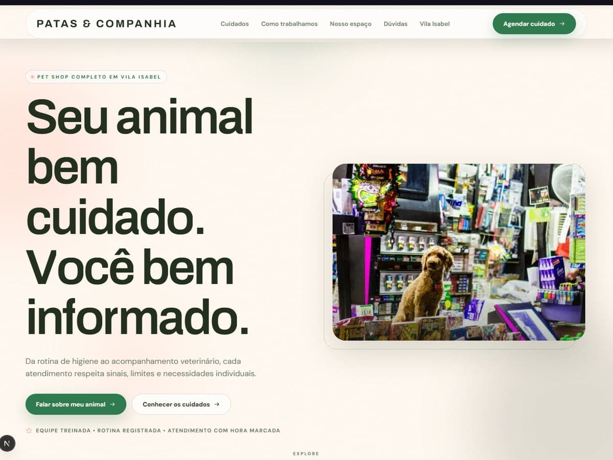 Página inicial do site do Patas & Companhia