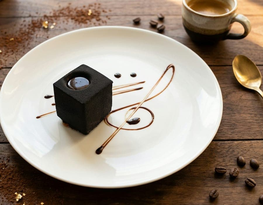 Sobremesa quadrada de chocolate escuro servida com calda e uma xícara de café